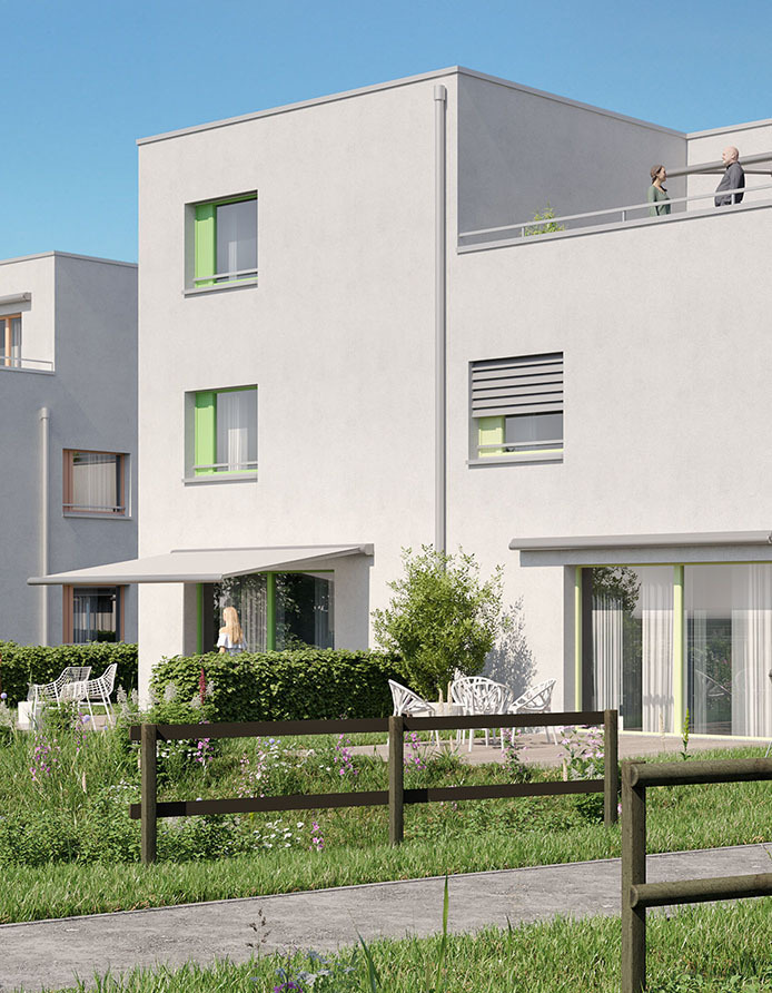 Visualisierung eines modernen Einfamilienhauses mit Garten im Neubauprojekt Colin in Zug, zwischen Zugersee und Zugerberg.