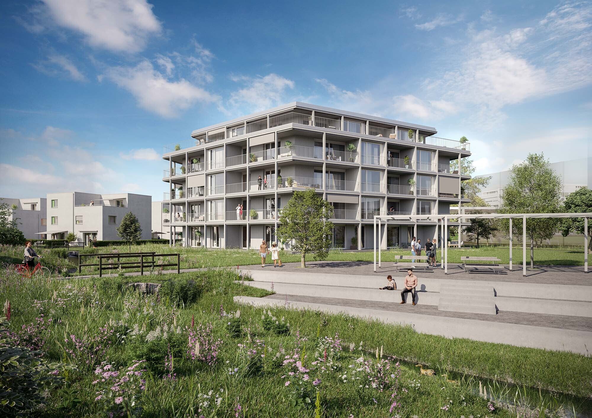 Visualisierung der modernen Mehrfamilienhäuser des Projekts Colin in Zug – grüne Umgebung mit Gemeinschaftsflächen, alle Wohnungen sind verkauft.