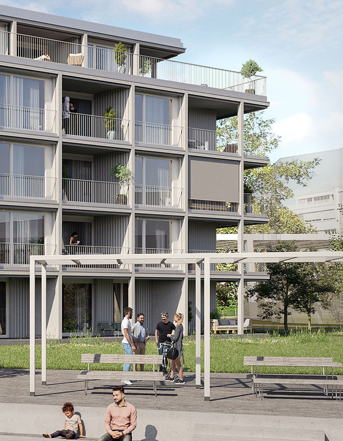 Moderne Mehrfamilienhäuser des Projekts Colin in Zug, mit Blick auf den Zugersee und Gemeinschaftsbereich im Vordergrund.