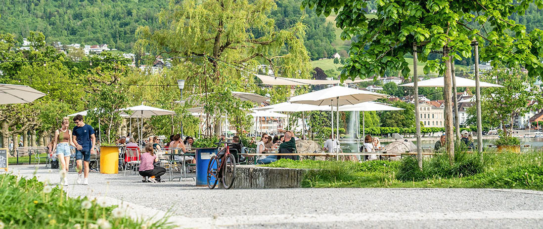 Gemütlicher Sommerbetrieb am Zugersee mit Seecafé, Sonnenschirmen und Spaziergängern in der Nähe des Neubauprojekts Colin.